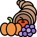 colorful cornucopia icon with pumpkin, apple and grapes